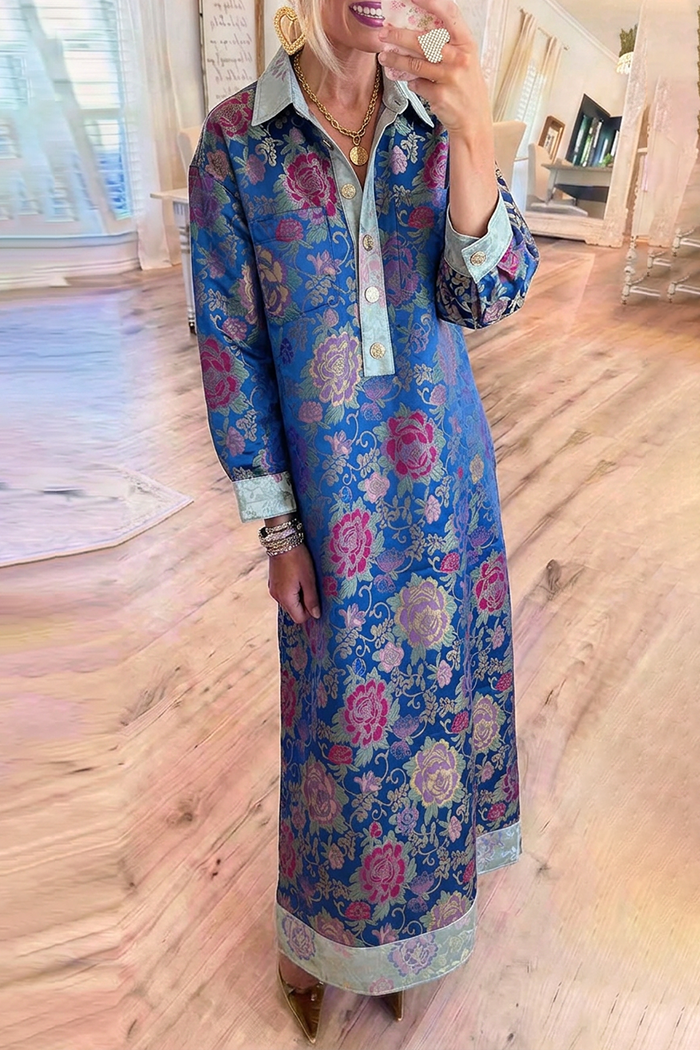 Blue Contrast Floral Jacquard Long Sleeve Pockets Maxi Dress