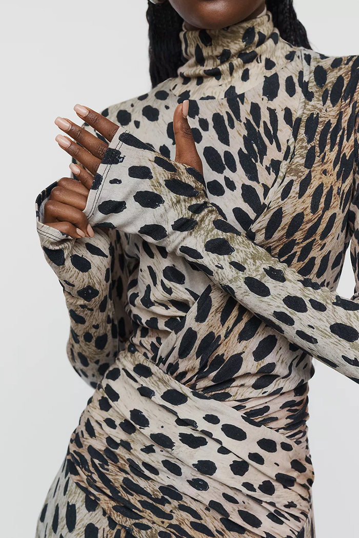 Long Sleeve Ruched Leopard Print Maxi Dress