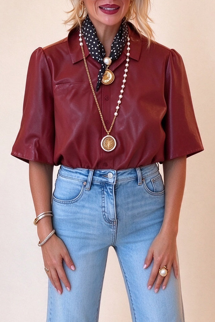 Burgundy Puff Sleeve Faux Leather Top