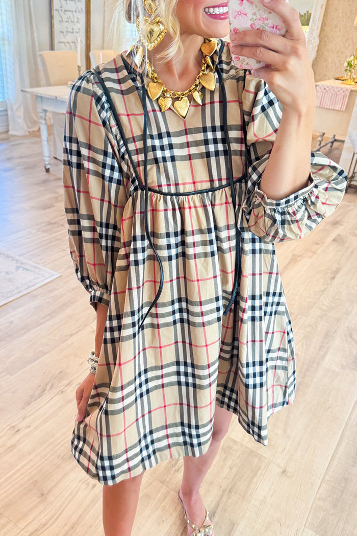 Casual 3/4 Sleeve Plaid Dress