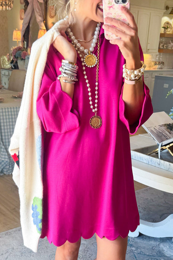Scallop Hem 3/4 Sleeve Pocket Dress