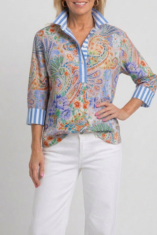 Vibrant Paisley Print Contrast Collar Top