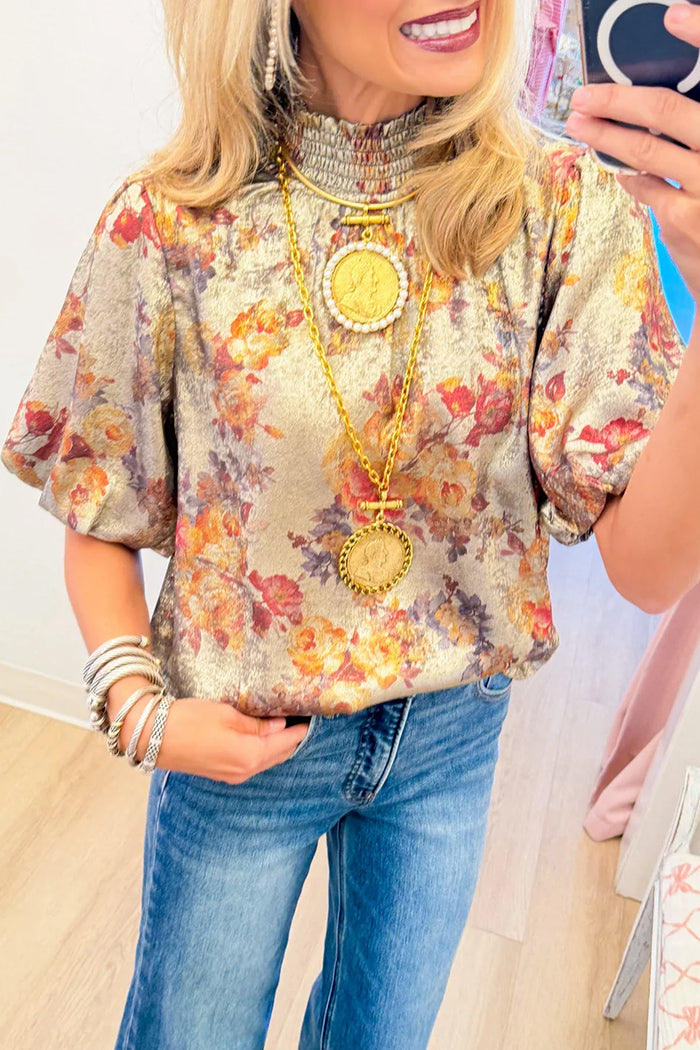 Floral Metallic Puff Sleeve Top