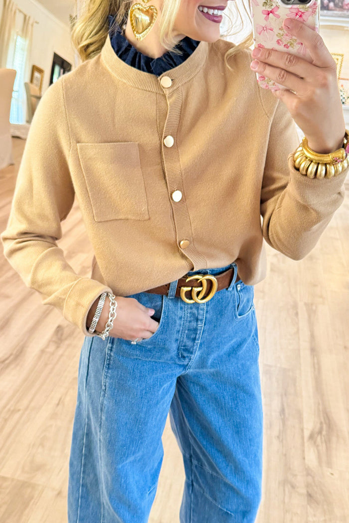 Beige Ruffle Contrast Collar Cardigan