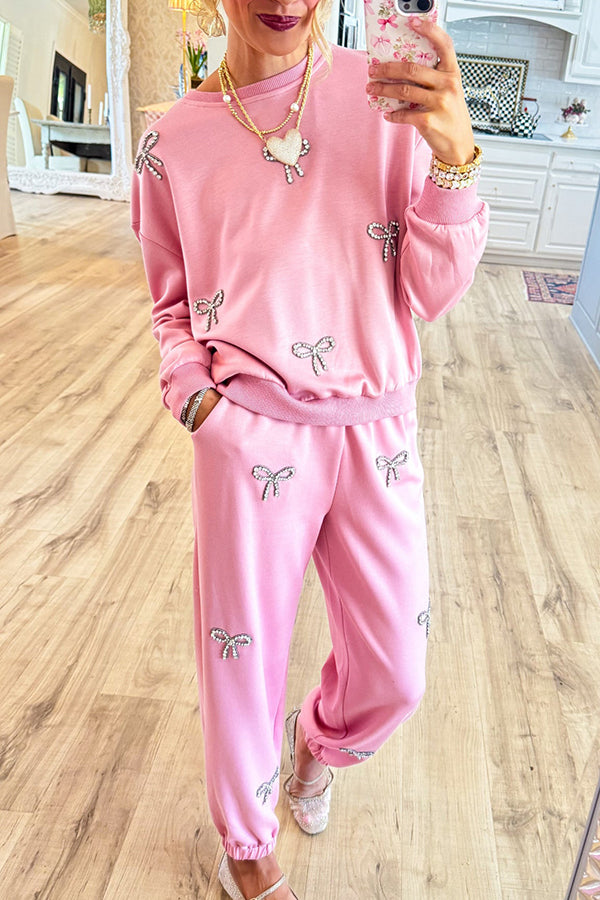 Blush Rhinestone Bow Jogger Set