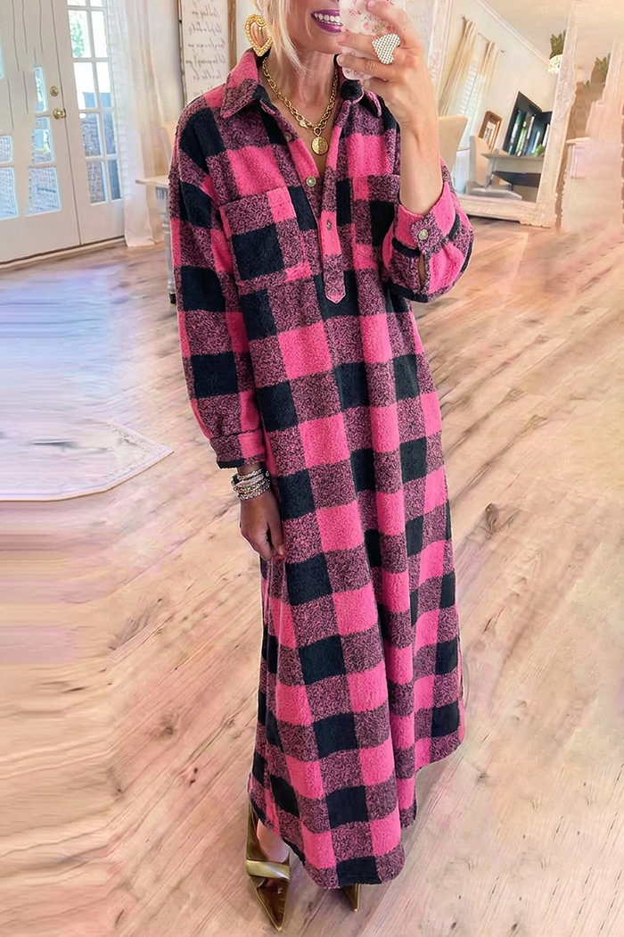 Pink Black Buffalo Plaid Long Sleeve Pocket Maxi Dress