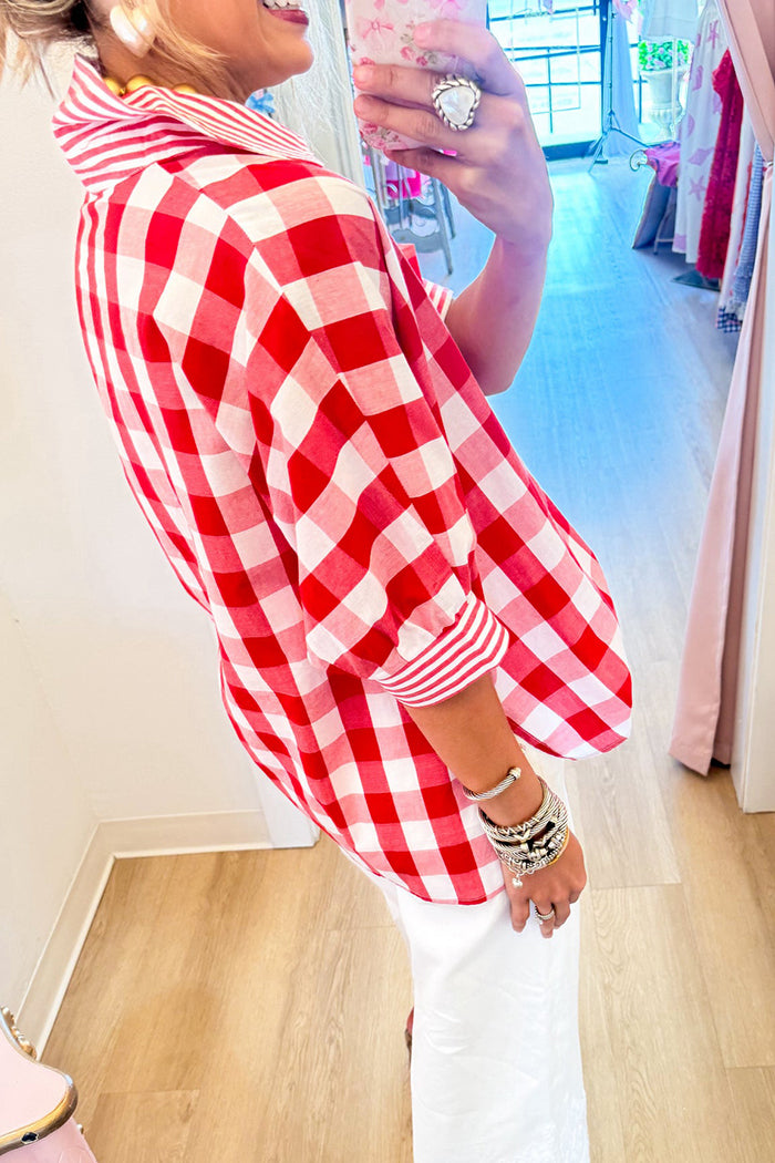 Casual Red Gingham Collared Top