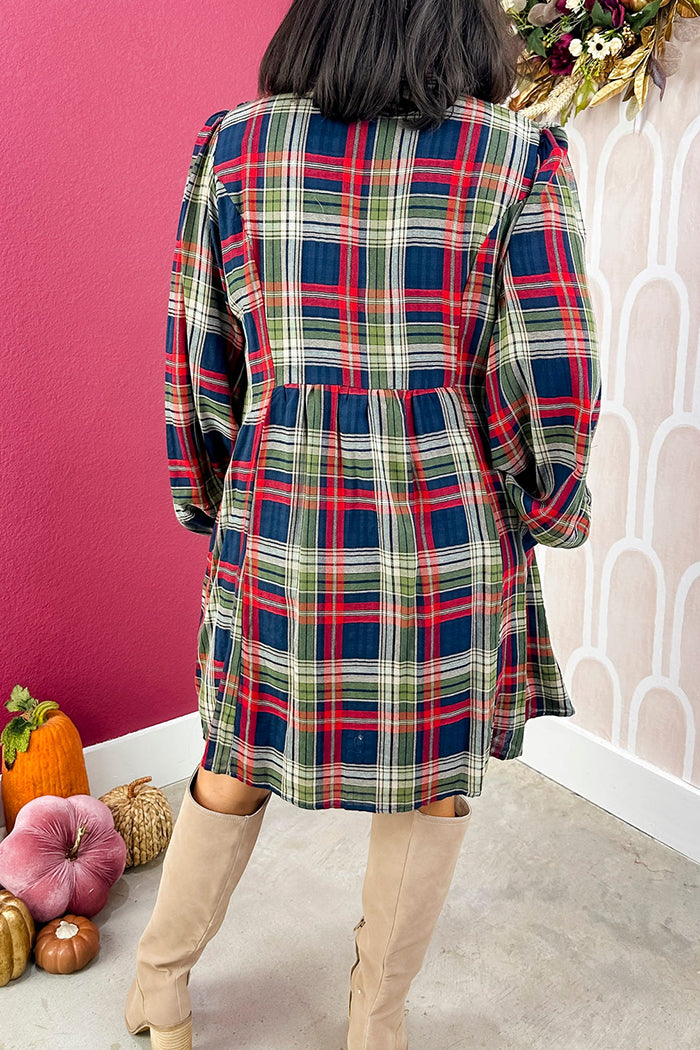 Multi-Color Plaid Smocked Shirt Dress