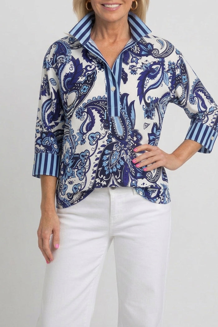 Paisley Print Striped Cuff Half Placket Top