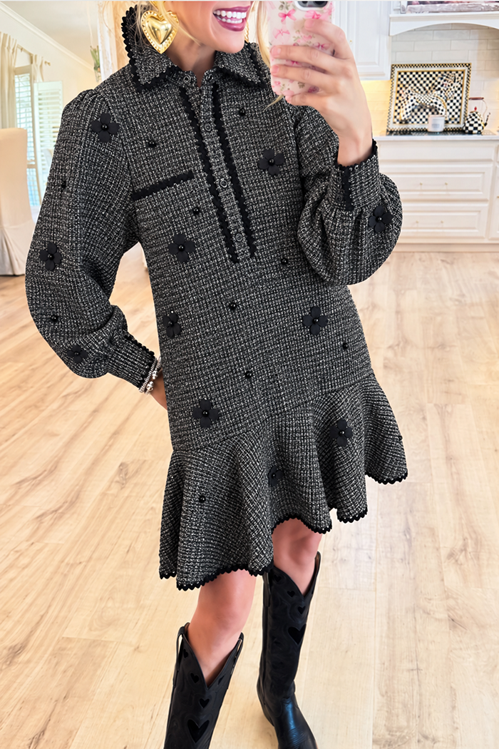 Tweed Collared Flower Ruffle Hem Pockets Dress