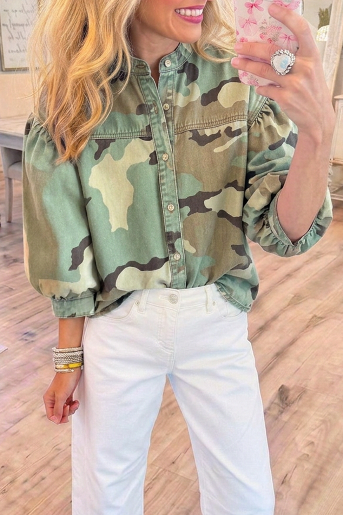 Camo Stand Collar Full Button Front 3/4 Sleeve Top