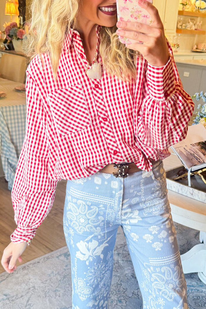 Gingham Long Sleeve Button Up Top
