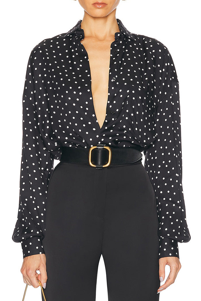 Polka Dot Puff Sleeve Button-Up Top