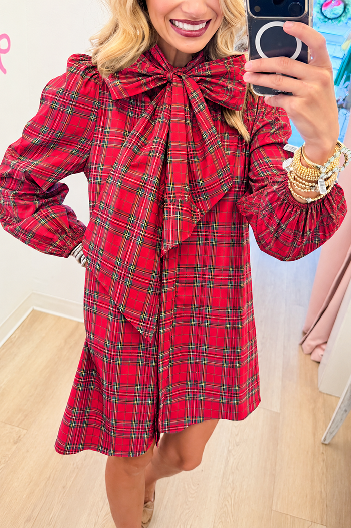 Casual Plaid Bow Mini Shirt Dress