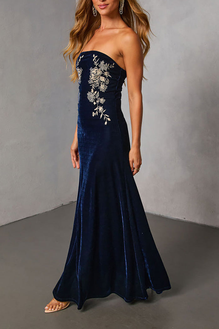 Floral Embroidered Velvet Maxi Dress