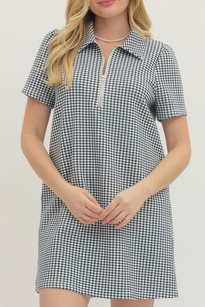 Short Sleeve Gingham Zip Dress