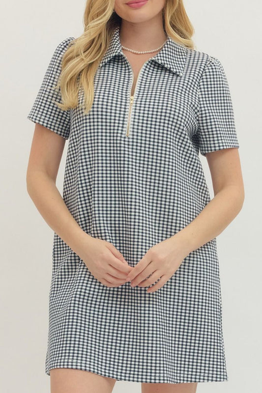 Short Sleeve Gingham Zip Dress