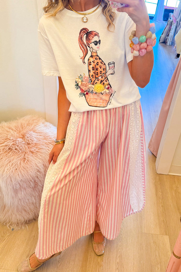 Striped Floral Eyelet Detail Wide Leg Pants