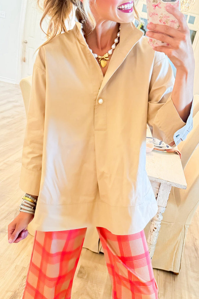 Casual Khaki Collared Pearl Detail Top