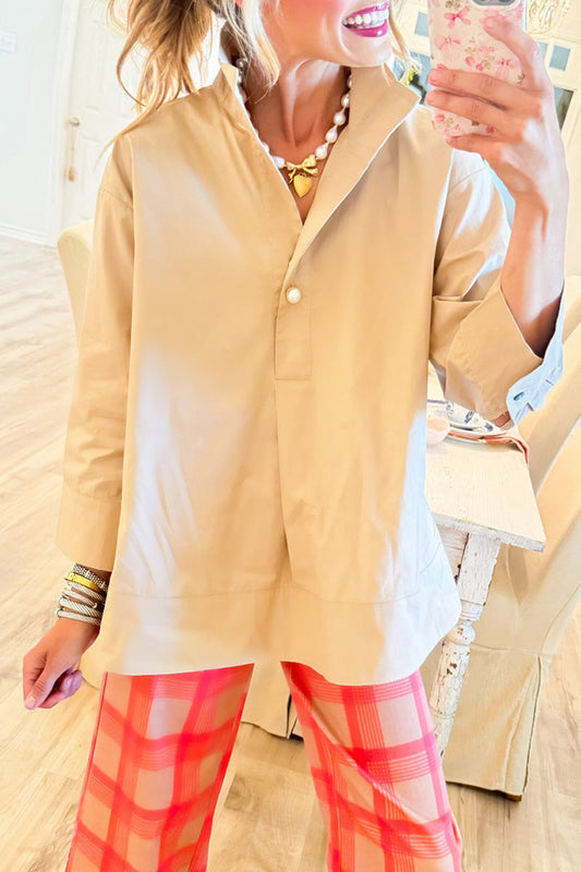 Casual Khaki Collared Pearl Detail Top