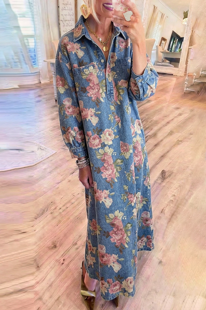 Blue Denim Henley Neck Chest Pockets Vintage Floral Maxi Dress