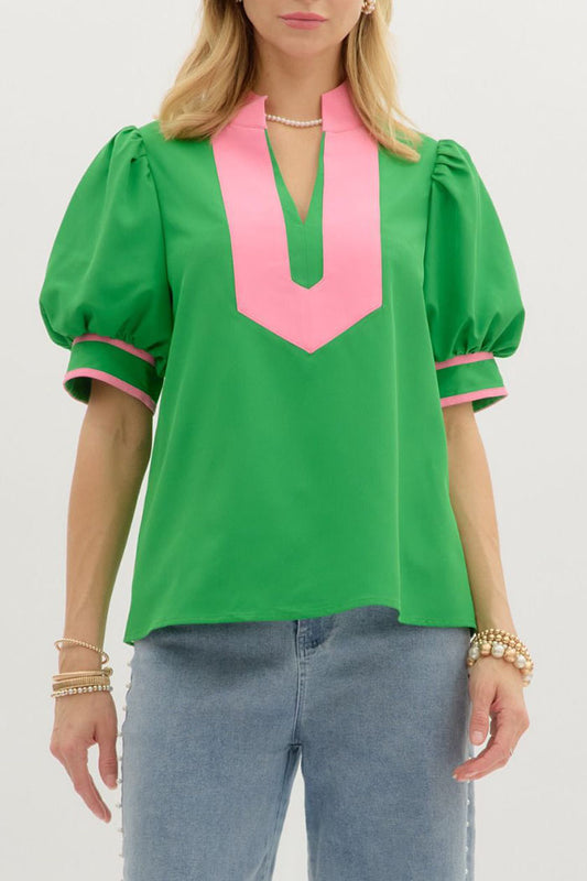 Bubble Sleeve Contrast Neck Top