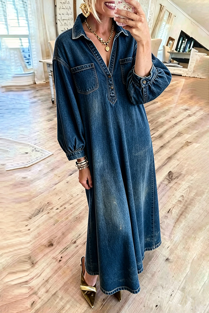 Half Placket Puff Sleeve Denim Pocket Maxi Dress