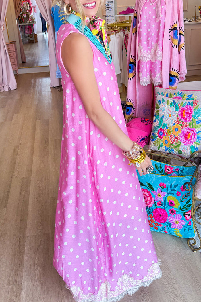 Sleeveless Polka Dot Lace Hem Midi Dress