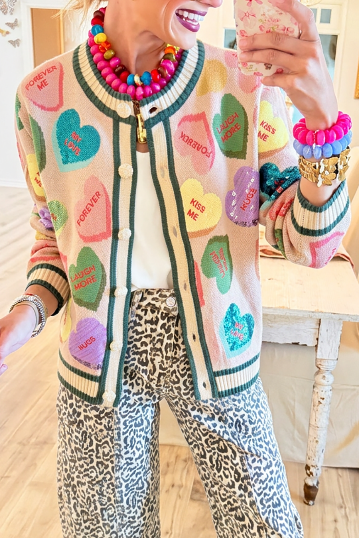 Colorful Heart Pattern Knit Cardigan