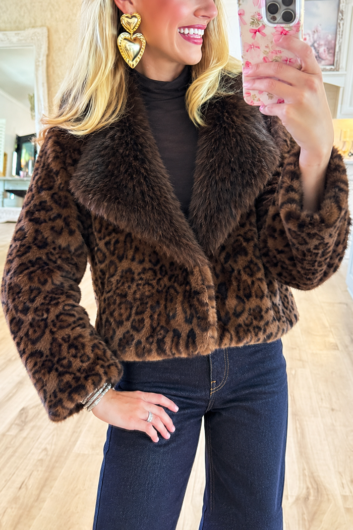 Shawl Collar Leopard Faux Fur Jacket