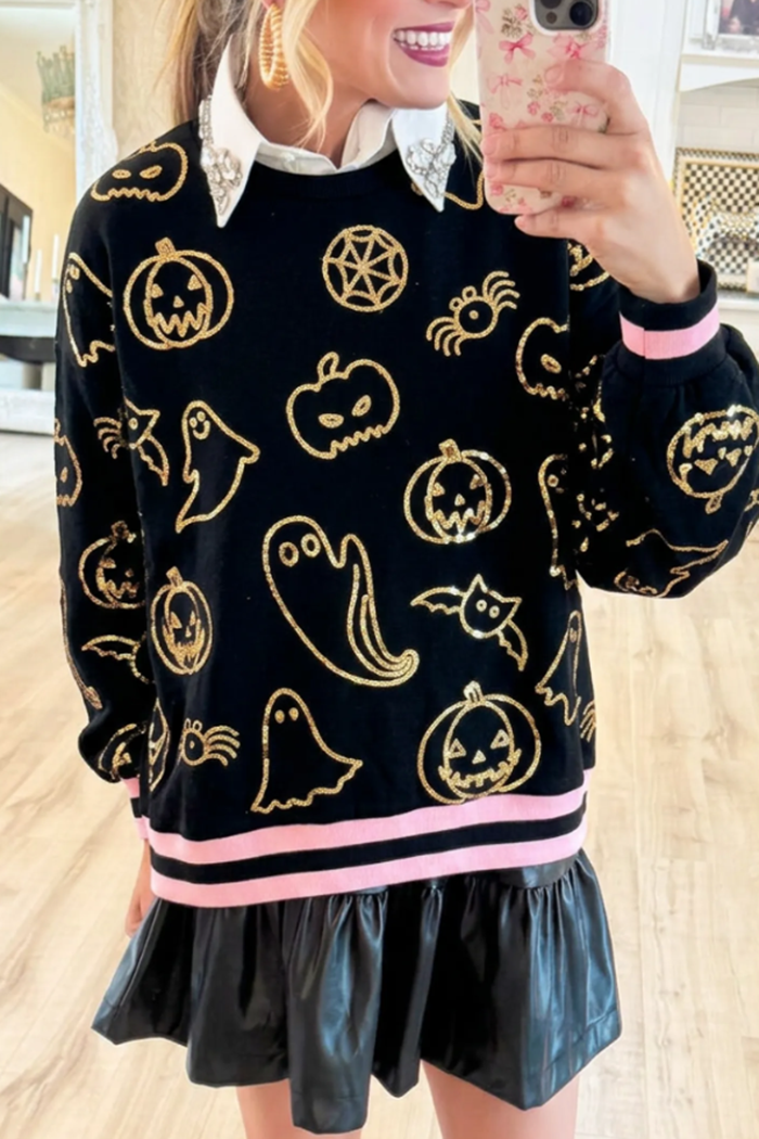 Halloween Sequin Pink Striped Trim Long Sleeve Top