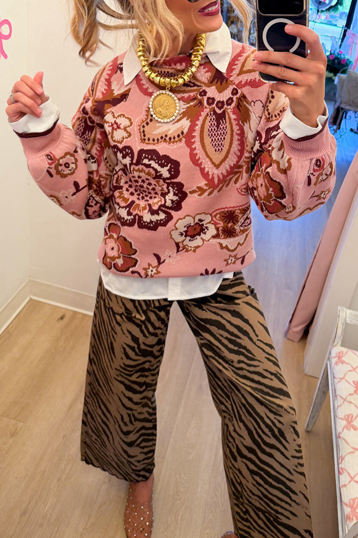 Mauve Floral Balloon Sleeve Sweater