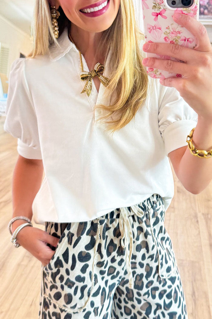 Puff Sleeve Embroidered Collar Top