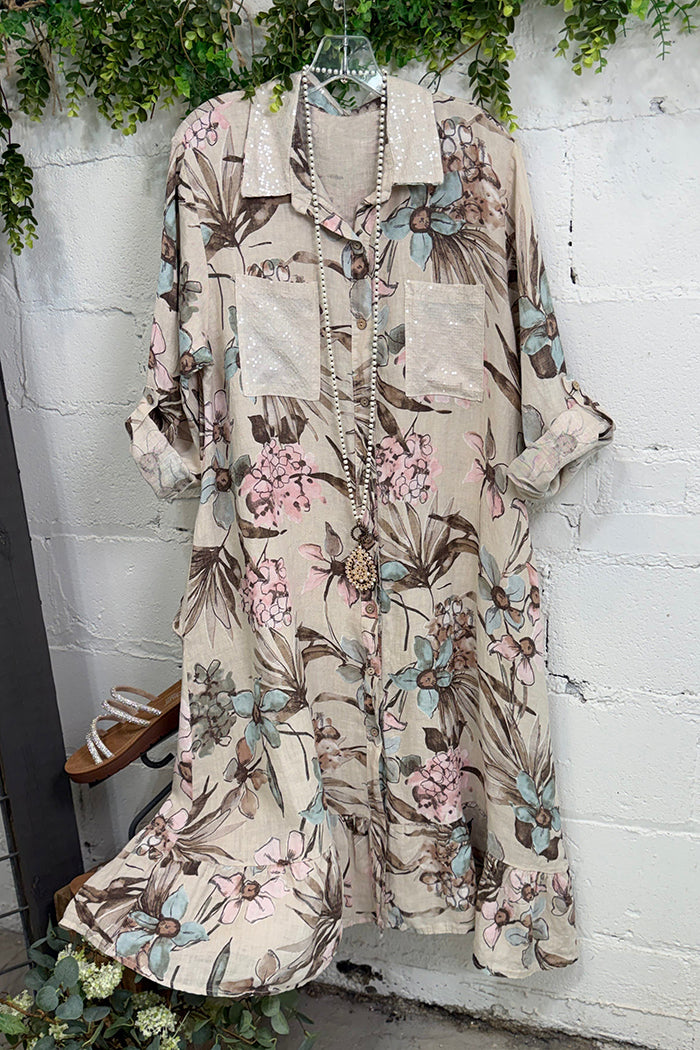 Sequin Collar Floral Button Dress