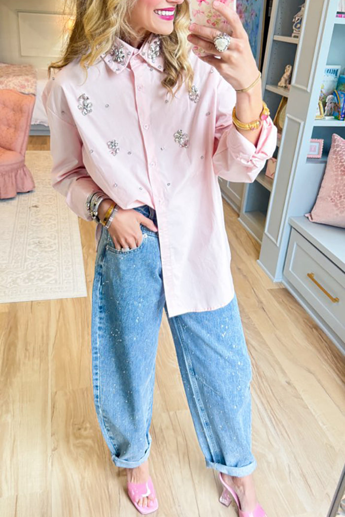 Casual Pink Rhinestone Detail Button Up Top