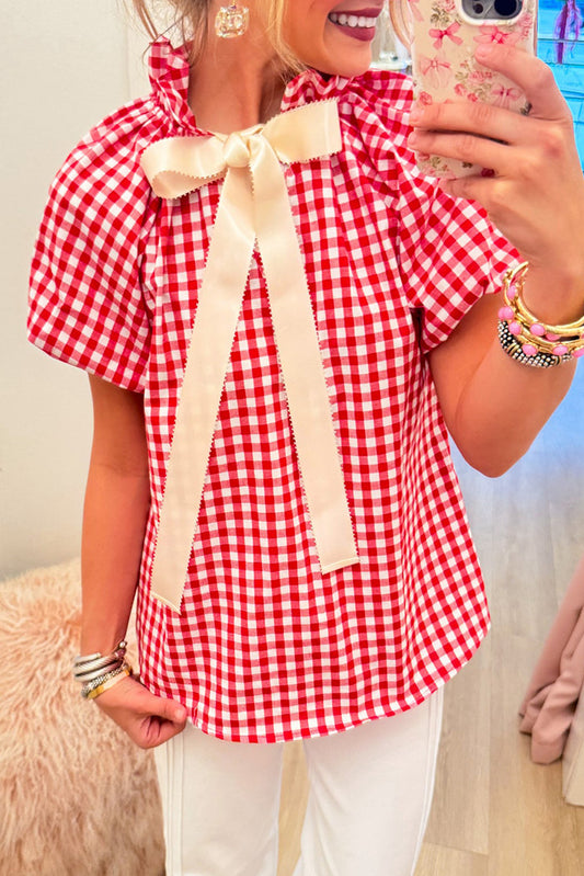 Red Gingham Puff Sleeve Top