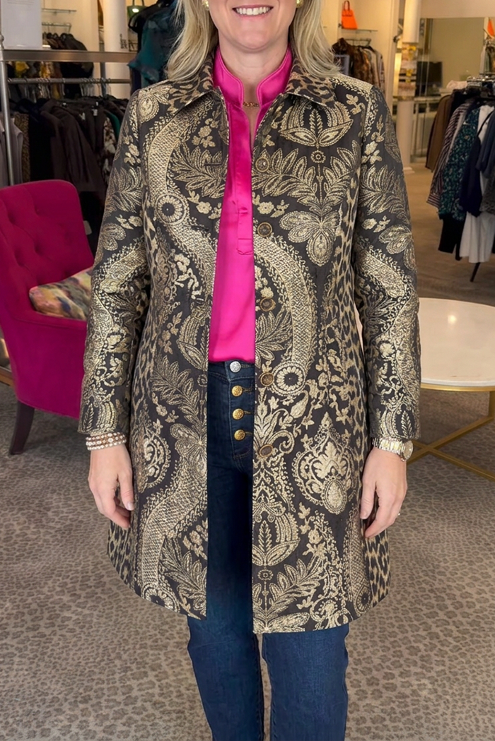 Collared Metallic Floral Jacquard Button Pocket Jacket