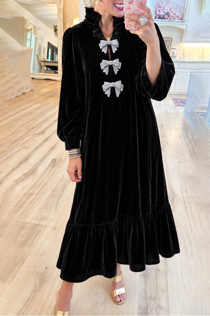 Black Velvet Rhinestone Bow Ruffle Hem Maxi Dress