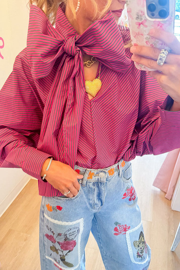 Pink Green Stripe Neck Tie Long Sleeve Top