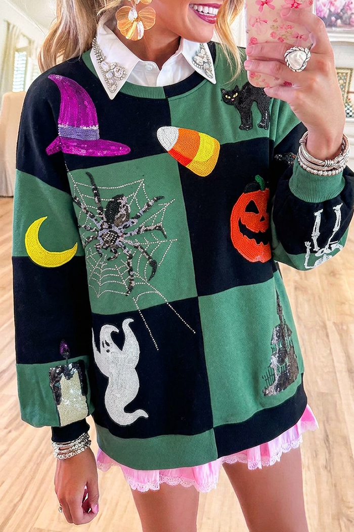 Halloween Patchwork Sequin Motif Long Sleeve Sweatshirt