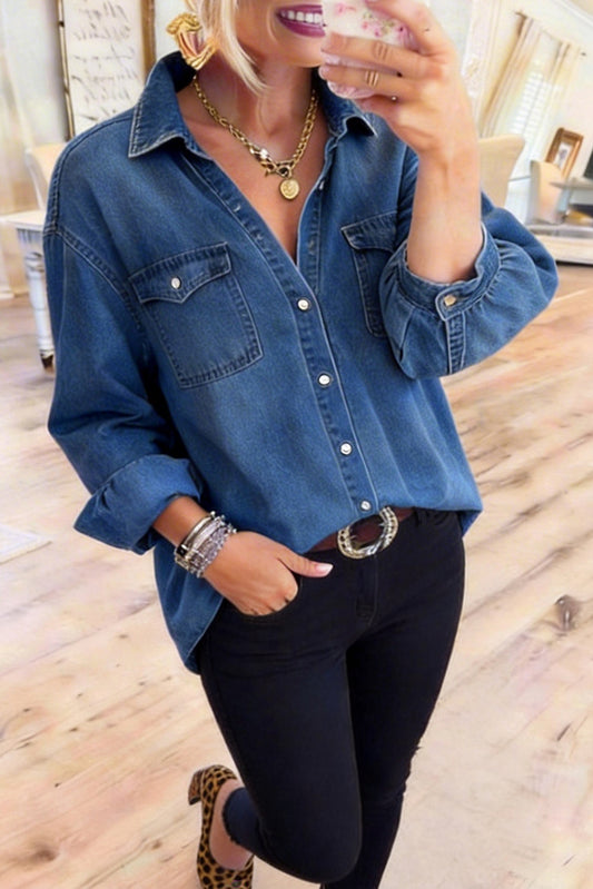 Button Front Patch Pocket Denim Top