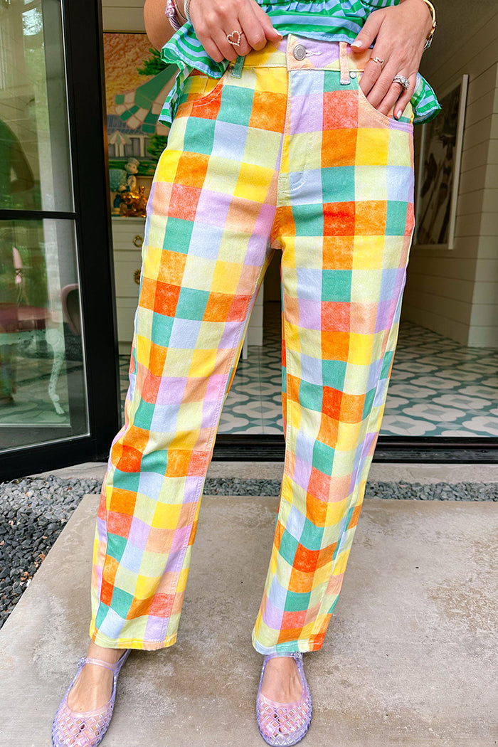 Plaid Pattern Barrel Leg Jeans