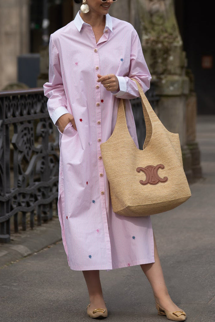 Pink Striped Detailed Collared Pocketed Shirt Dress