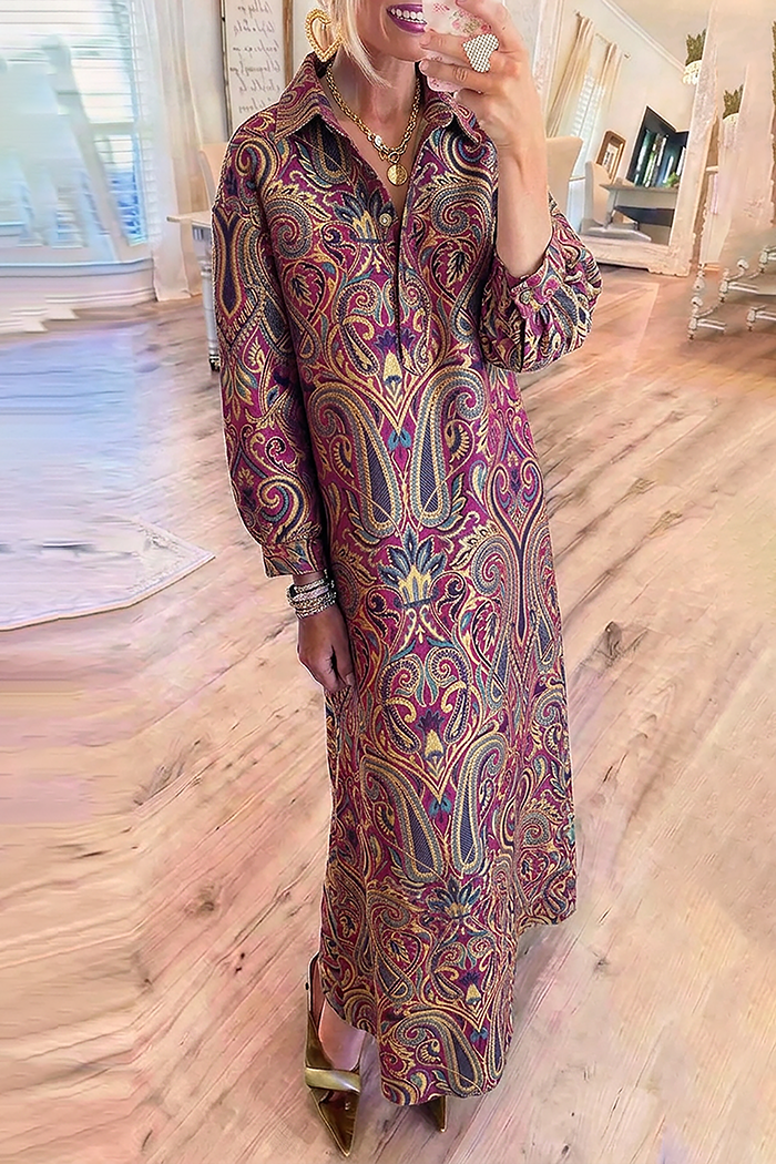 Collared Metallic Paisley Long Sleeve Maxi Dress