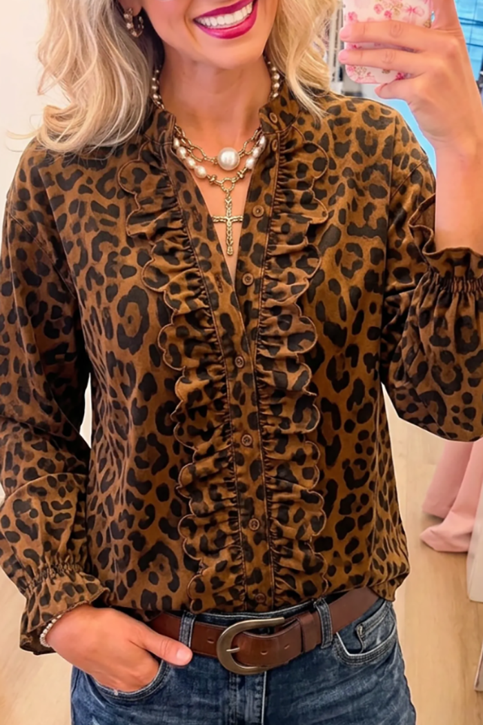 Leopard Print Ruffle Front Long Sleeve Top