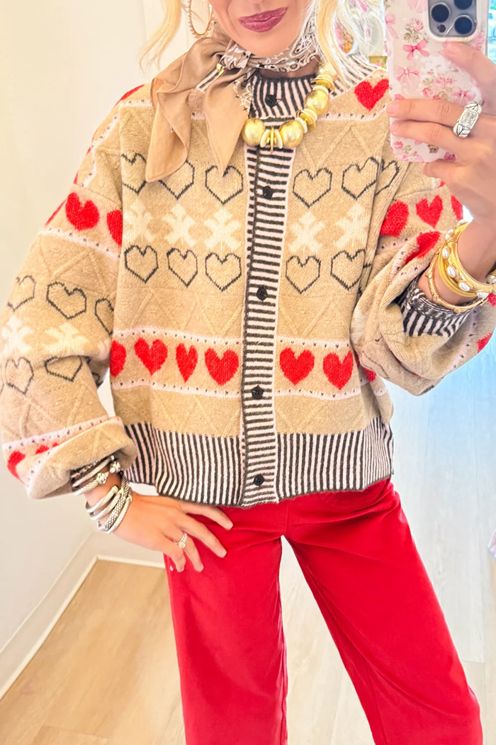 Heart Pattern Balloon Long Sleeve Stripe Trim Button Cardigan