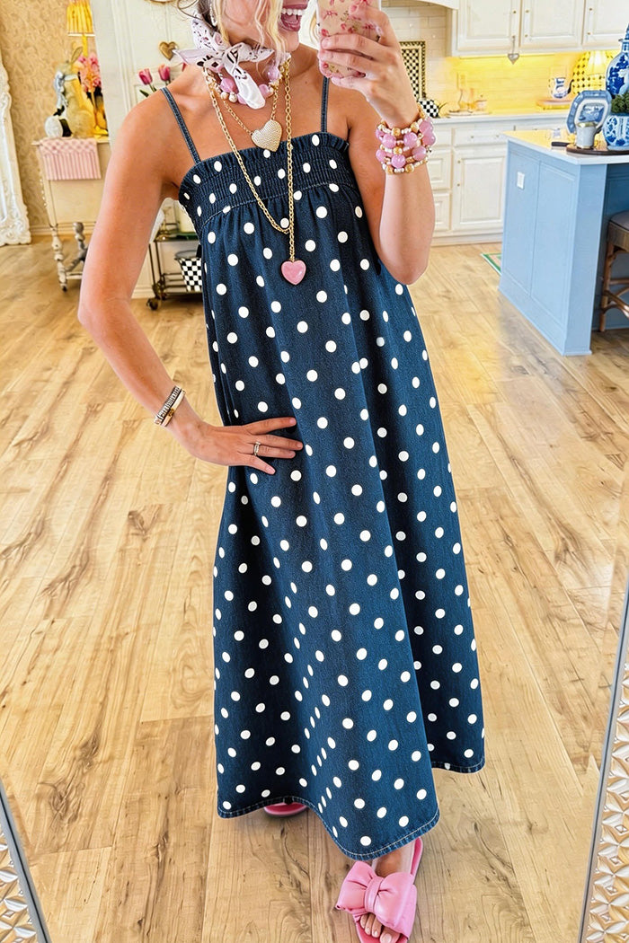 Spaghetti Strap Polka Dot Denim Dress