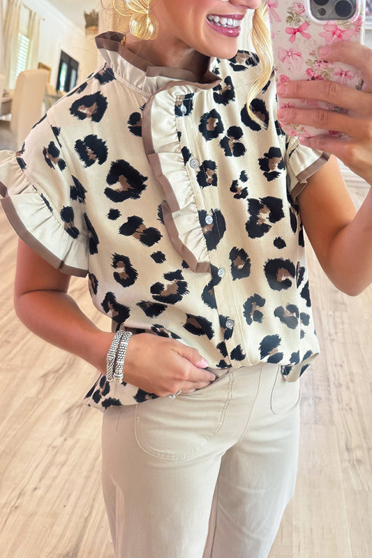 Leopard Ruffle Neck Button Top