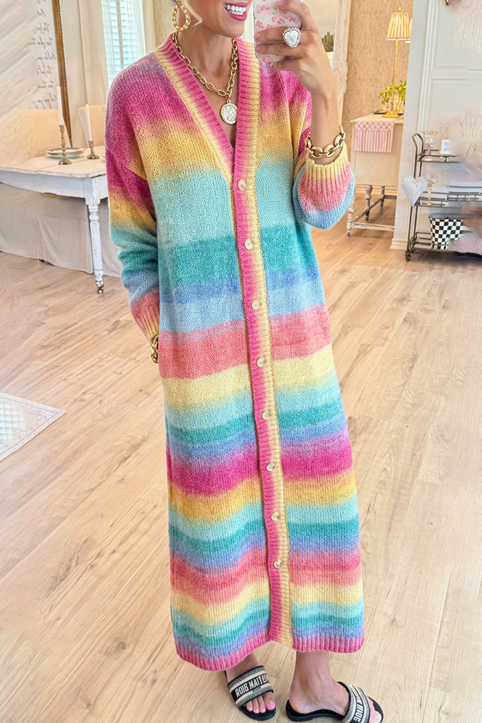 Rainbow Stripe Button Front Pockets Maxi Knit Cardigan Dress