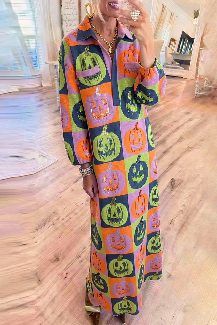 Halloween Pumpkin Jacquard Knit Collared Maxi Dress
